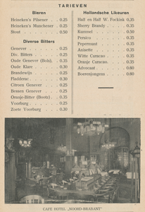 712820 Tarievenlijst van de alcoholische dranken en een foto van het café van Hotel Noord-Brabant (Vredenburg 3) te ...